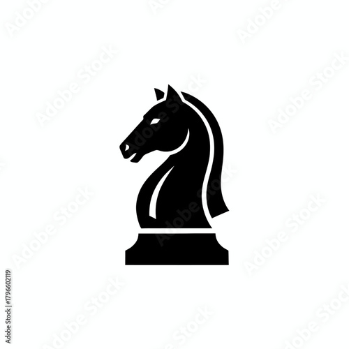 A stark black knight chess piece, set against a plain white background. Its head is prominent
