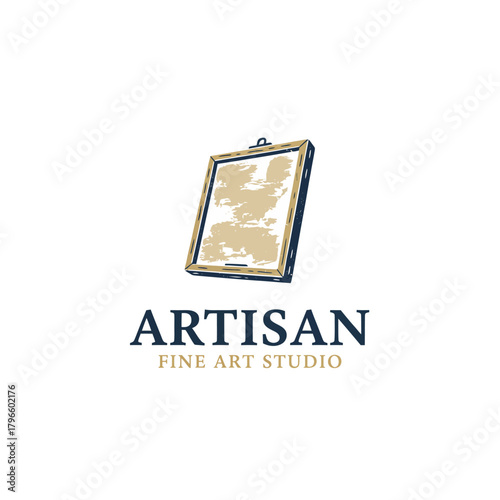 A vintage-style emblem. A frame with a distressed, textured surface. Text below it states "fine art studio