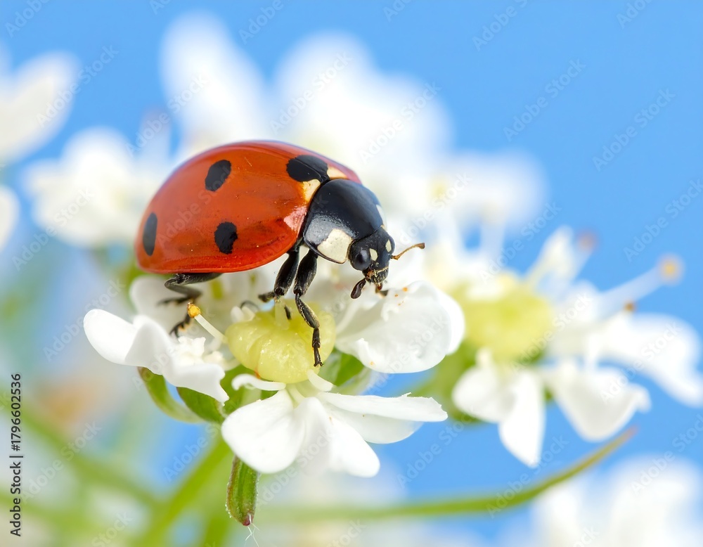 Fototapeta premium Close-up of a red and black ladybug perched on white wildflowers