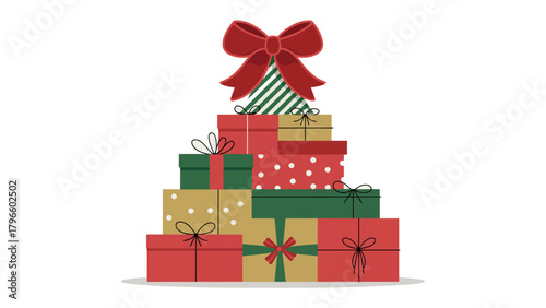 Festive Pile of Presents: A vibrant pyramid of wrapped gifts, each adorned with a unique bow and pattern, symbolizing the joy and anticipation of the holiday season. 