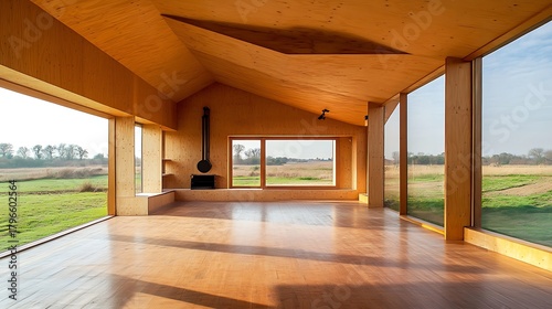 Spacious and bright modern house interior with wooden structure