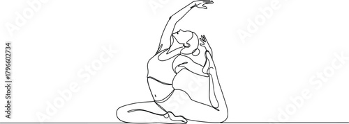 Continuous Single Line Art Drawing of a Woman in King Pigeon Yoga Pose for Fitness, Health, and Wellness Vector.