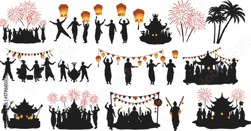 Festival celebration silhouette set, lantern and fireworks vector, cultural parade design, traditional dance graphics, joyful event illustration collection