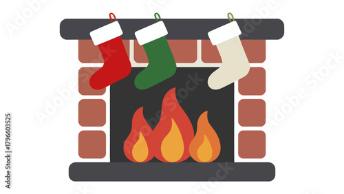 Cozy Christmas Cheer: A warm illustration of a brick fireplace adorned with festive stockings and the inviting glow of a fire, perfect for capturing the spirit of Christmas.