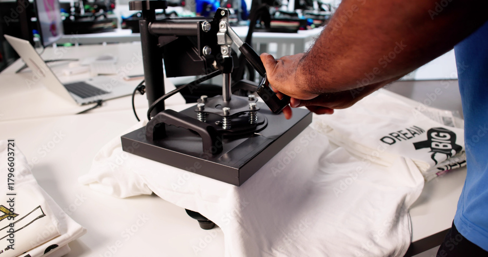 Fototapeta premium Custom T-Shirt Printing Workshop: Young Man Demonstrates Heat