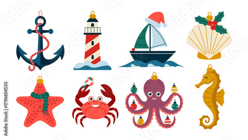 Christmas Ornaments: A charming collection of nautical Christmas ornaments, including a starfish, crab, seahorse, lighthouse, anchor, sailboat, seashell, and octopus.