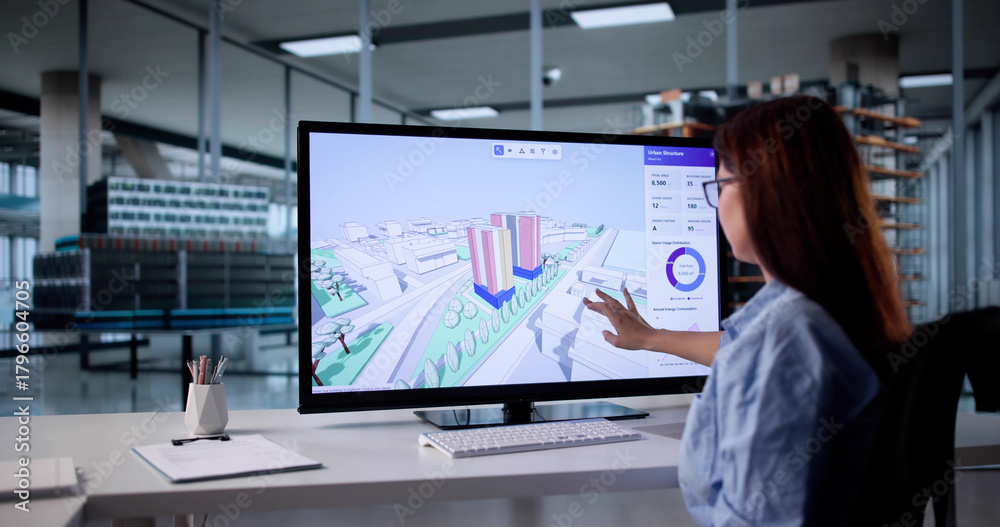 Obraz premium Young Engineer Using GIS Software For Construction Inspection