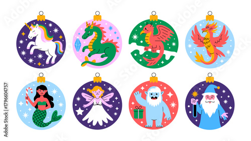 Festive Fantasy Ornaments: Charming illustration of various fantasy creature ornaments, ideal for adding a touch of enchantment to any holiday decor.