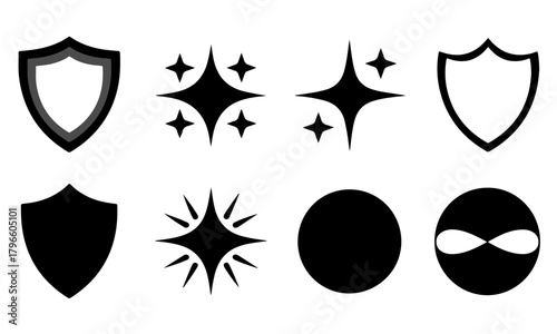Illustration of shiny stars shields and circle shapes representing achievement protection and completeness in simple black and white