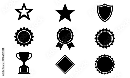 Illustration of star shields and awards representing success achievement and recognition in simple black and white style vector graphics
