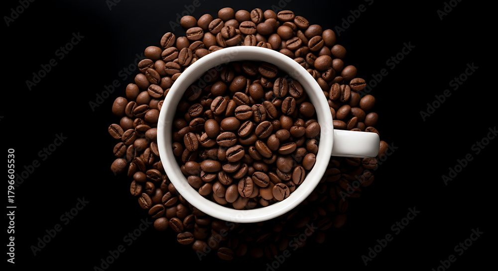 Fototapeta premium Top-down view of a white ceramic cup filled to the brim with roasted coffee beans on a black background.