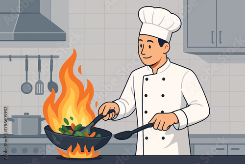 Vector illustration of a chef cooking in kitchen