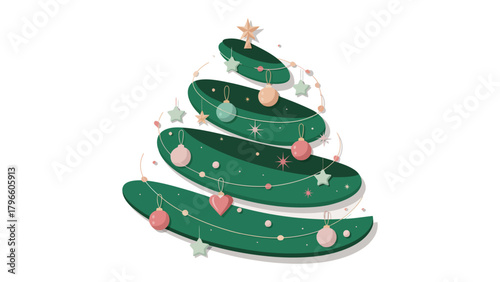 Festive Spirals: A whimsical illustration of a spiraling Christmas tree adorned with ornaments and stars, capturing the joyful spirit of the holiday season.