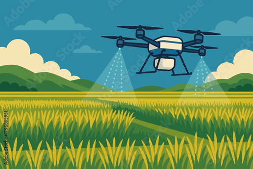Vector illustration of a modern farming with drones spraying fertilizer from the air