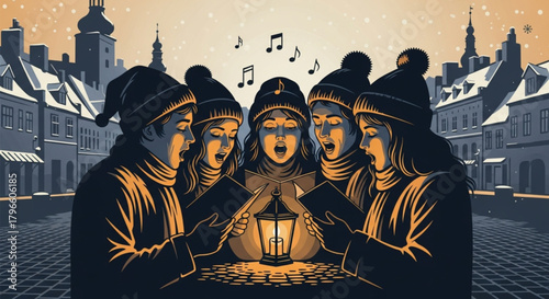 A group of five traditional carol singers performing by lantern light.
