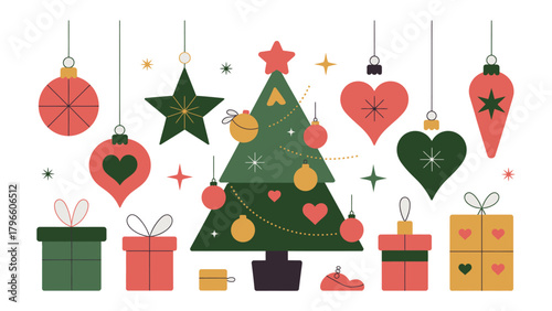 Festive Christmas Decorations: A joyful collection of vibrant ornaments, gift boxes, and a central Christmas tree, capturing the holiday spirit in a whimsical and cheerful design. 