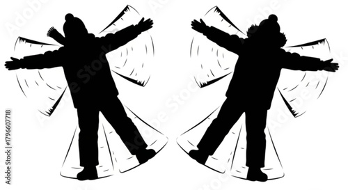 Two black silhouettes of a person making snow angels in winter.