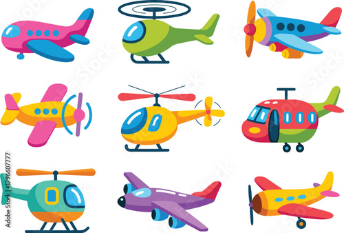 Colorful cartoon airplanes and helicopters illustration, vibrant aircraft icons for kids, playful aviation clipart, fun transport design, educational vector art