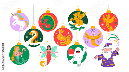 Festive Fantasy Ornaments: A vibrant collection of fantasy-themed ornaments, each adorned with a unique creature, ready to add a touch of whimsy to your holiday decor.