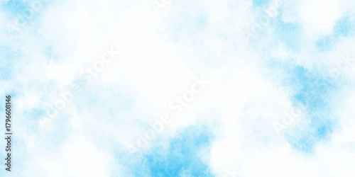Refreshing sky blue watercolor texture with smooth clouds or fog, dreamy blue sky with watercolor white stains patterns for artistic design projects.	