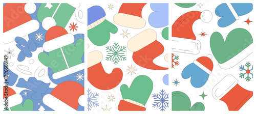 Festive Christmas Pattern with Hats Mittens and Snowflakes.