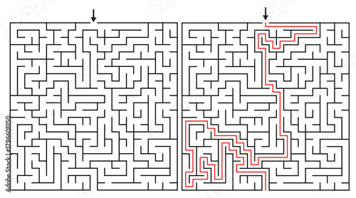23 by 23 Orthogonal Rectangular Maze Game for Adults - Simple and Easy Maze Game Flat Vector Black and White Outline Illustration - Problem Solving Game kdp.