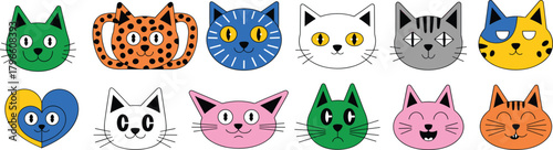 Colorful cat faces illustration, playful feline artwork, creative cartoon cats, cute animal expressions, fantasy design, decorative pet icons, modern vector art