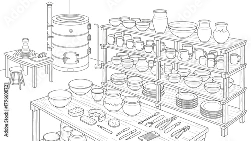 High-quality black outline line art of pottery workshop interior with shelves, drying pots, tools, and kiln, clean vector illustration