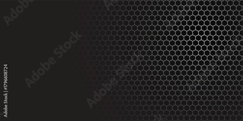 Dark grey abstract wide horizontal banner with hexagon carbon fiber grid and orange luminous lines.