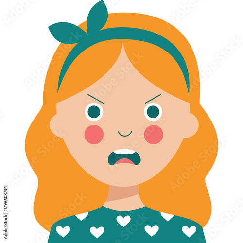 Portrait Of An Angry Young Woman With Orange Hair And Teal Headband Showing Frustration With Open Mouth And Furrowed Brow In A Teal Sweater With Heart Pattern Isolated On White Background