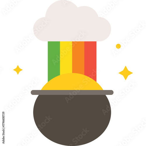 Pot of gold with rainbow emanating from a cloud with sparkling stars on a transparent background