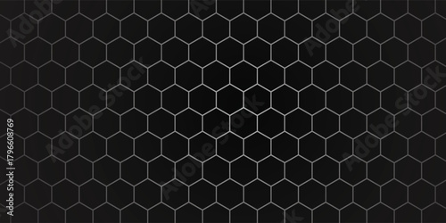 Dark grey abstract wide horizontal banner with hexagon carbon fiber grid and orange luminous lines.