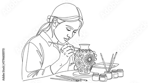 High-quality black line art of female artisan painting ceramic vase, intricate craftsmanship, clean white backdrop