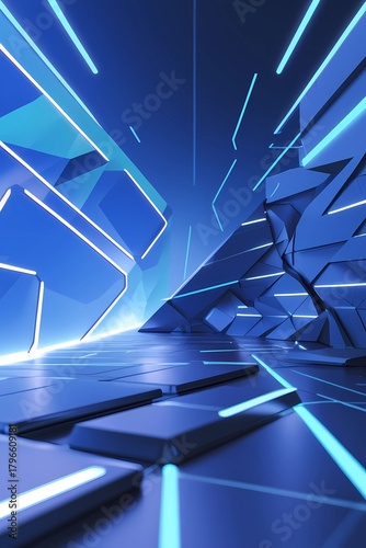Abstract futuristic corridor with blue neon lights, geometric structures and modern technology design. Ideal for business, tech companies, AI themes, digital presentations and corporate backgrounds.