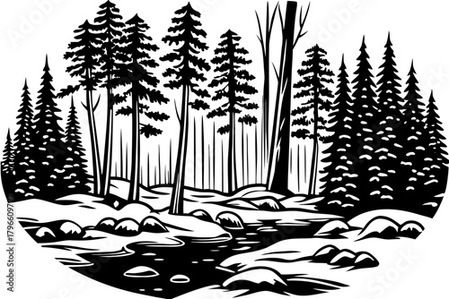 Cold fog flows slowly between tall trees as dawn begins, creating a mysterious dreamlike atmosphere over the silent snow covered ground