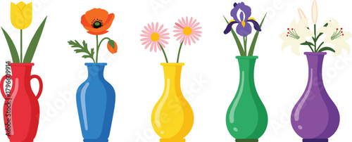 Colorful vases with tulip, poppy, daisy, iris, lily, floral arrangement, spring flowers, decorative pottery, botanical design, vibrant home decor inspiration