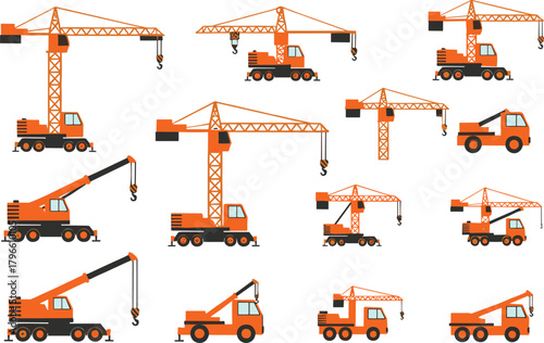 Construction crane, mobile crane truck, tower crane, heavy lifting equipment, industrial machinery, building site, engineering vehicle, construction industry, urban development, infrastructure project