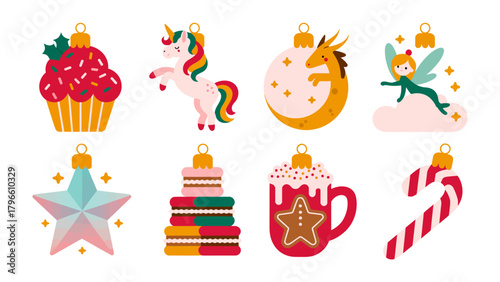 Festive Christmas Ornament Delights: A collection of delightful ornaments, evoking the spirit of holiday cheer with a fairy, unicorn, stars and more.