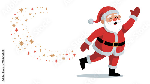 Santa Claus's Festive Journey: A jovial Santa Claus with rosy cheeks and a twinkle in his eye strides forward, spreading holiday cheer amid a flurry of twinkling stars.