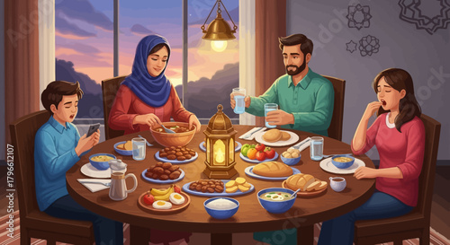 Family enjoying Iftar meal together during Ramadan at a round table.