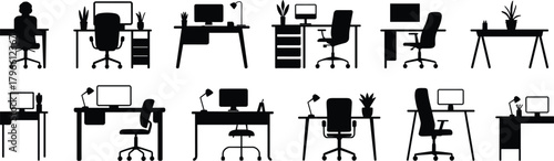 Office desk silhouette set, workspace furniture, seated person, computer monitor, desk lamp, potted plant, black vector illustration, white background