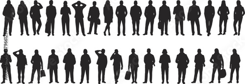 Business people silhouette, standing poses, professional attire, briefcase figures, diverse stances, black vector illustration, corporate posture, office workers, isolated icons