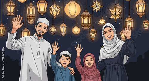 Happy Muslim family waving in front of Ramadan lanterns.