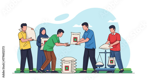 Illustration of people distributing bags of food, possibly as charity or aid.