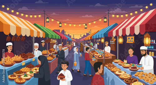 Vibrant Ramadan market scene with food stalls and people at dusk.