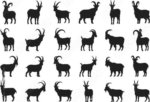 Goat silhouette collection in varied poses, black animal shapes for farming, wildlife, nature, pattern recognition and educational themes