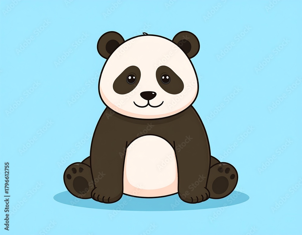 Naklejka premium Sitting cartoon panda, smiling, in black and white fur, on blue
