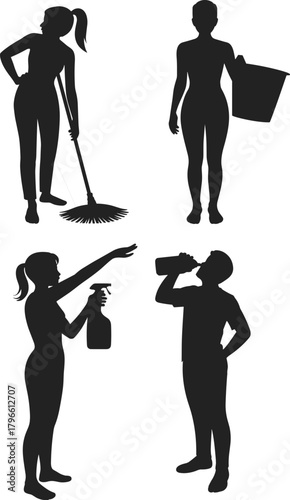 Daily activity silhouette set, black vector people cleaning, spraying, carrying, and drinking for hygiene, lifestyle, and design illustration
