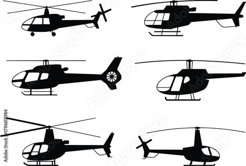 Helicopter silhouette set, black vector aircraft side views, rotorcraft design for aviation, transport, military, engineering, and illustration
