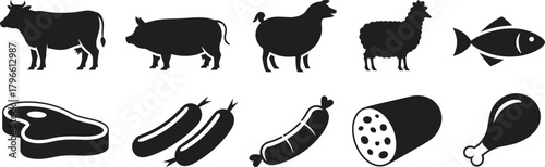 Animal and meat silhouette, cow pig fish icons, food source vector, black butcher chart, culinary design, protein illustration set